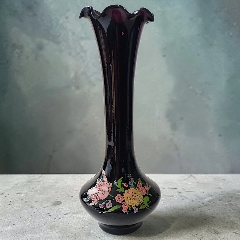 Vintage Black Amethyst Glass Bud Vase Floral Ruffled Fluted Top Edge‎ Victorian